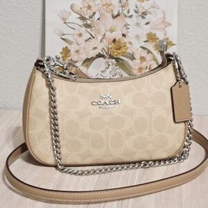 Coach Teri Mini Crossbody Bag Signature Canvas Sand Taupe Silver CW323